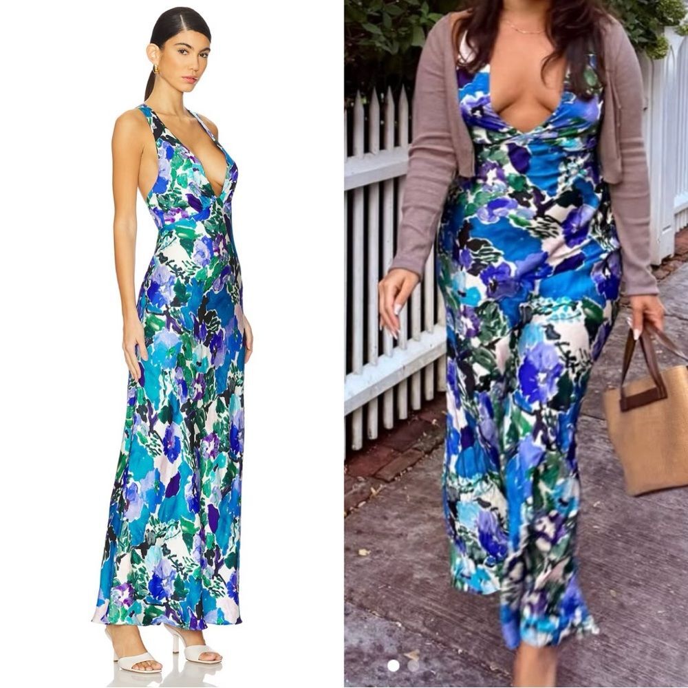 Shona Joy Maxi Dress Blue Floral Satin Curlewis Slip Sleeveless size US 8